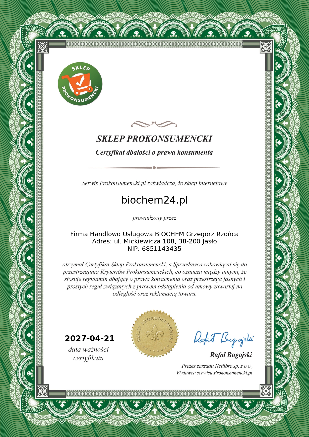 Certyfikat Sklep Prokonsumencki dla biochem24.pl